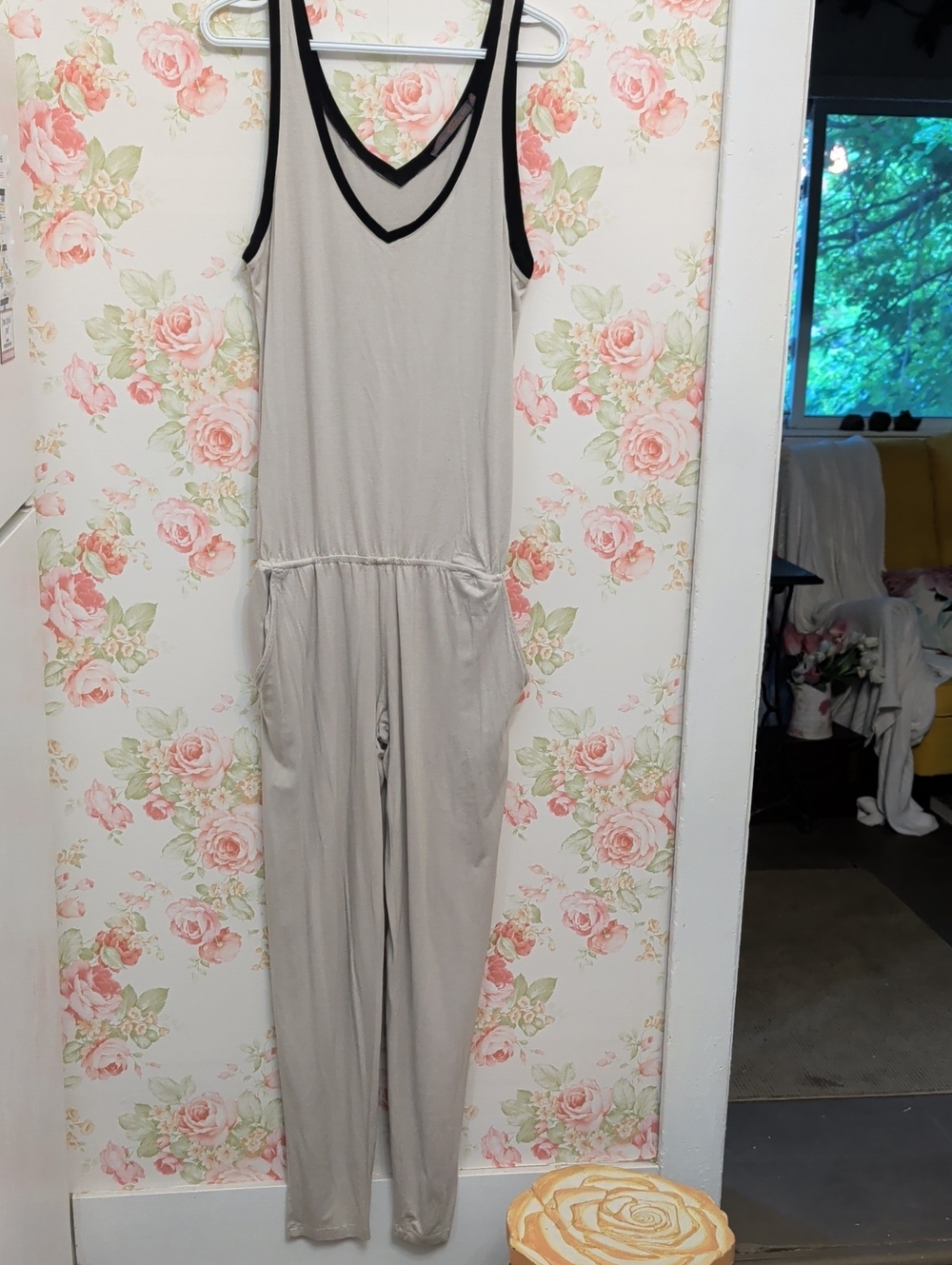 feel the peace Light Taupe Sleeveless V-Neck Jumpsuit with Black Trim